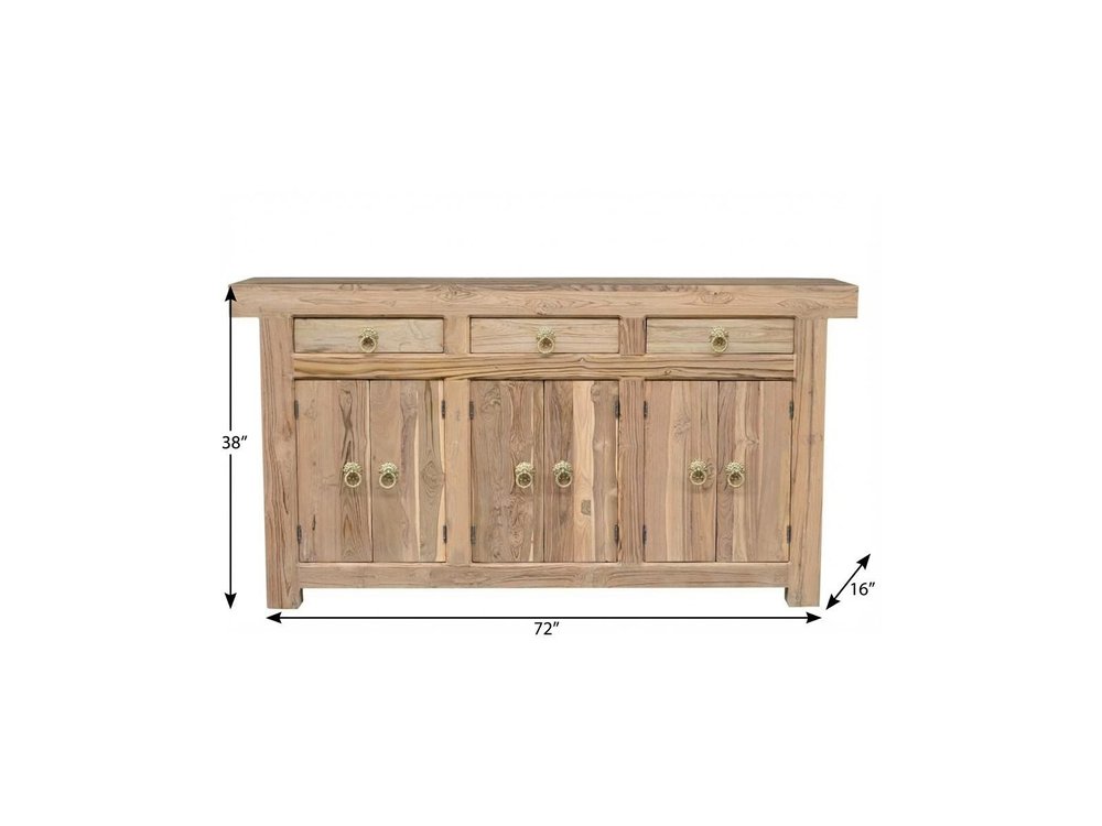 72" Natural Solid Wood Three Drawer Sideboard With Six Doors HomeRoots
