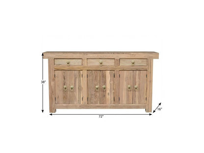 72" Natural Solid Wood Three Drawer Sideboard With Six Doors HomeRoots