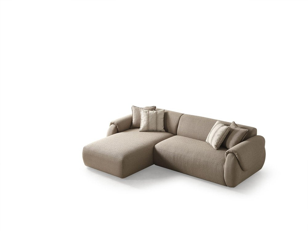 Taupe Boucle L Shaped Two Piece Sofa and Chaise Sectional With Toss Pillows — view 4