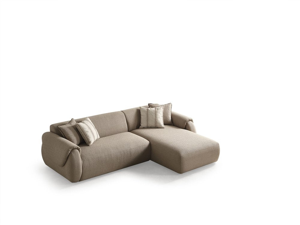Taupe Boucle L Shaped Two Piece Sofa and Chaise Sectional With Toss Pillows — view 1