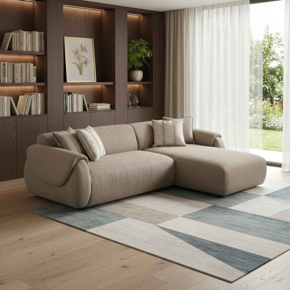 Taupe Boucle L Shaped Two Piece Sofa and Chaise Sectional With Toss Pillows — view 2