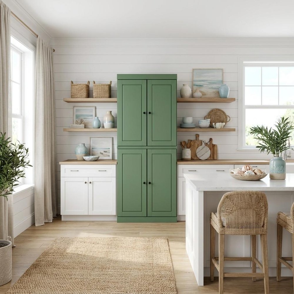 72" Green Solid Wood Four Door Two Drawer Pantry Or Storage Closet — view 6