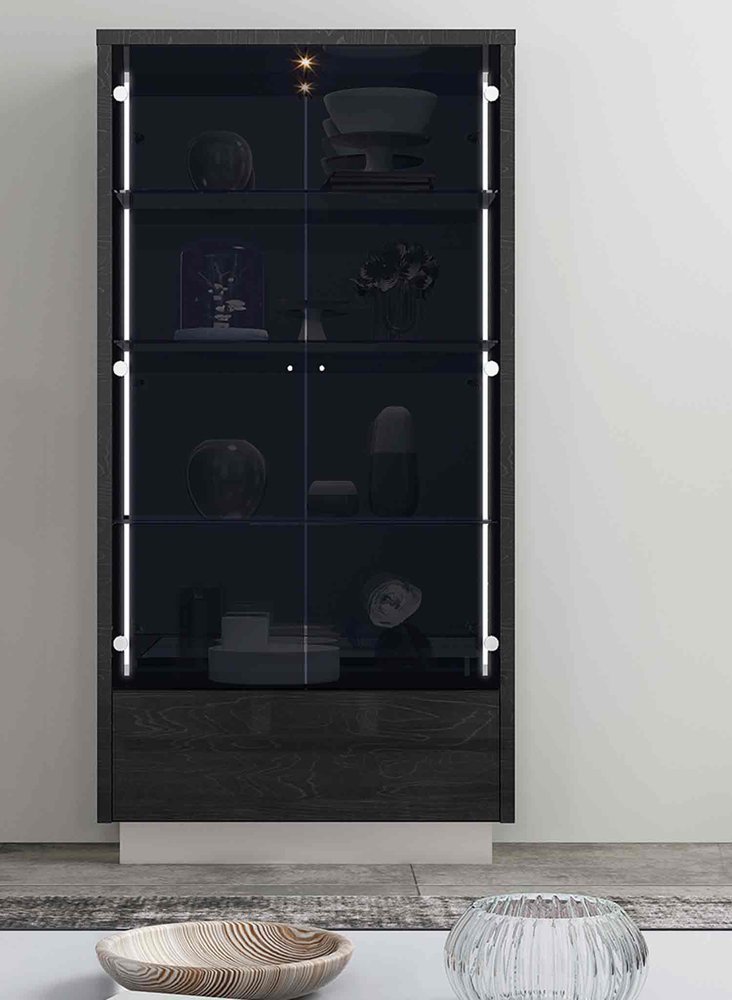 41" Dark Gray Wood Display Cabinet With LED With Two Doors And One Drawer — view 1