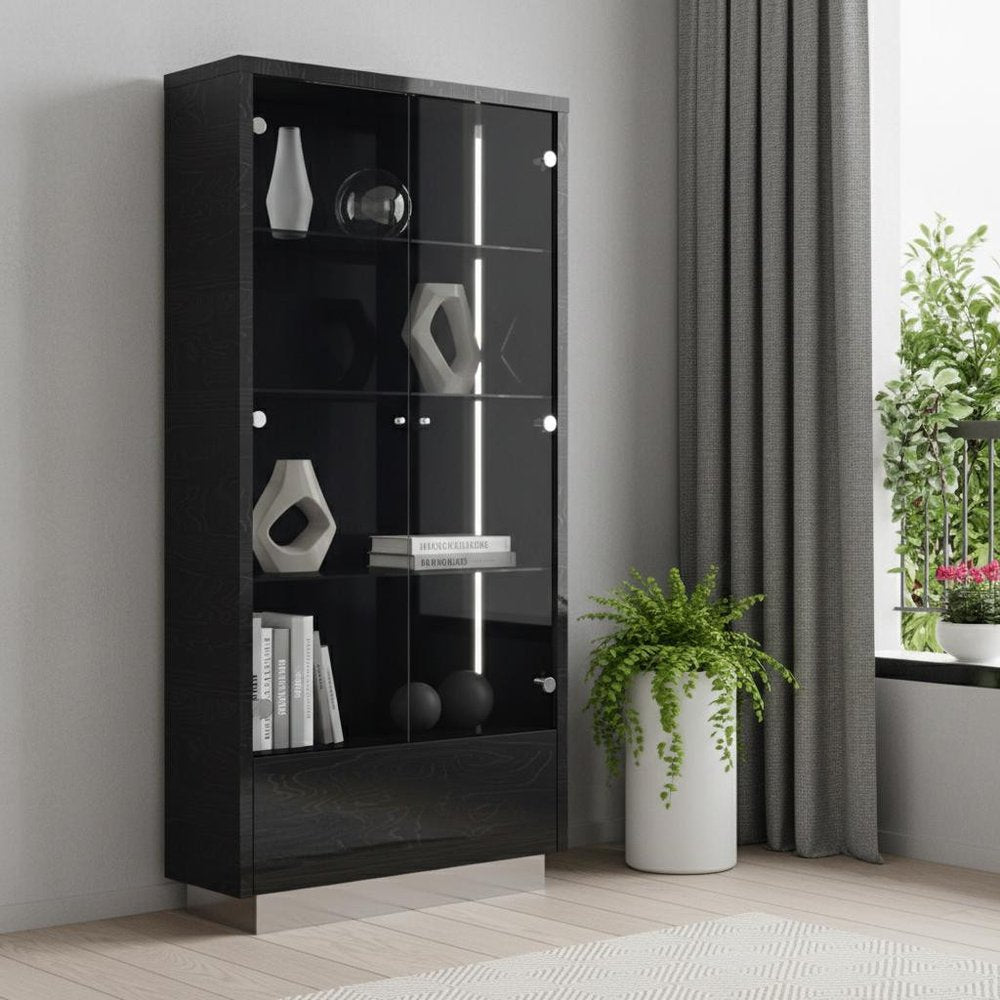 41" Dark Gray Wood Display Cabinet With LED With Two Doors And One Drawer — view 8