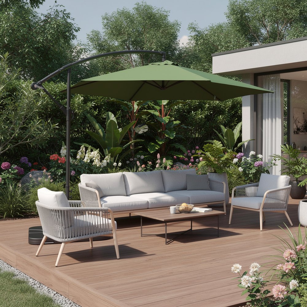 9.5' Green Polyester Hexagonal Cantilever Patio Umbrella with Stand — view 6
