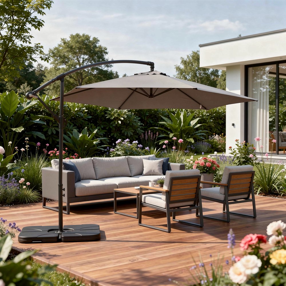 9.5' Gray Polyester Hexagonal Cantilever Patio Umbrella with Stand — view 6