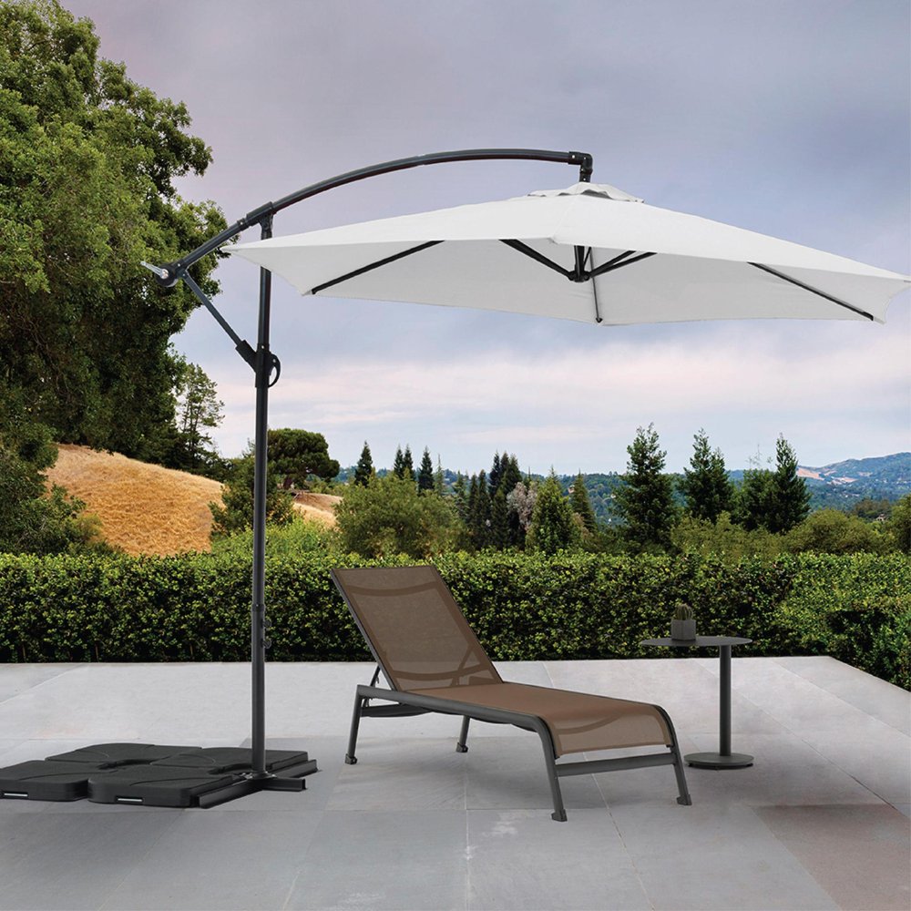 9.5' White Polyester Hexagonal Cantilever Patio Umbrella with Stand — view 3