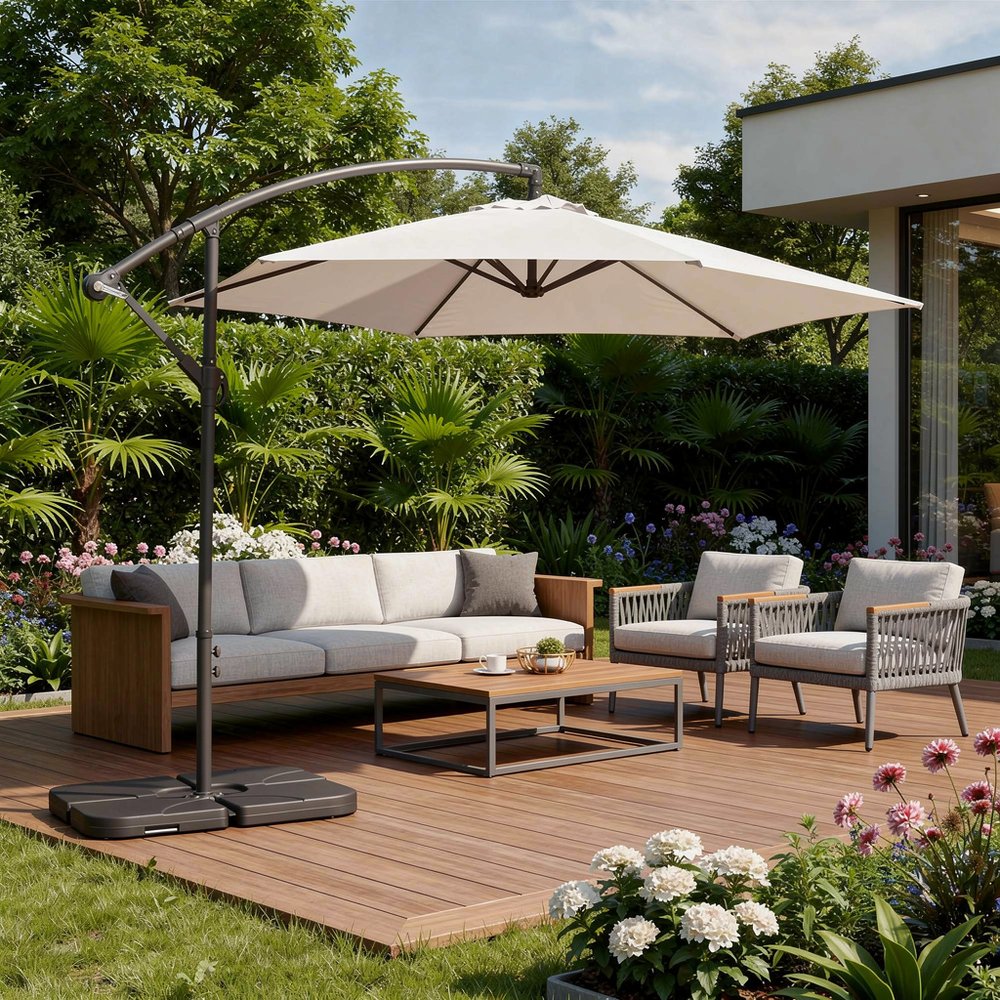 9.5' White Polyester Hexagonal Cantilever Patio Umbrella with Stand — view 8