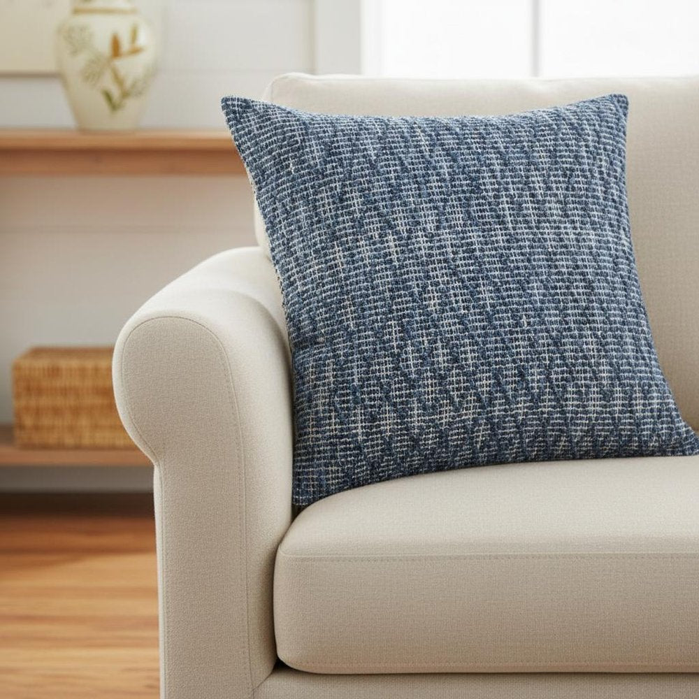 20" Blue And White Diamond Cotton Throw Pillow Cover with Texture — view 8