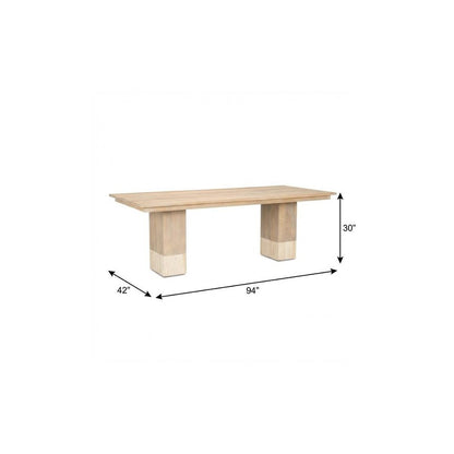 94" Natural And Beige Solid Wood And Marble Double Pedestal Base Dining Table HomeRoots