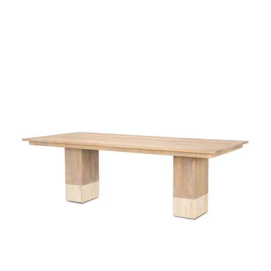 94" Natural And Beige Solid Wood And Marble Double Pedestal Base Dining Table