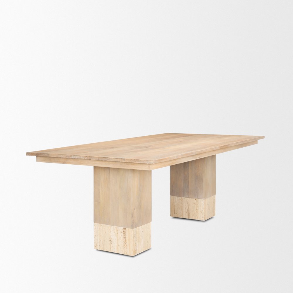 94" Natural And Beige Solid Wood And Marble Double Pedestal Base Dining Table HomeRoots