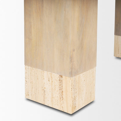 94" Natural And Beige Solid Wood And Marble Double Pedestal Base Dining Table HomeRoots