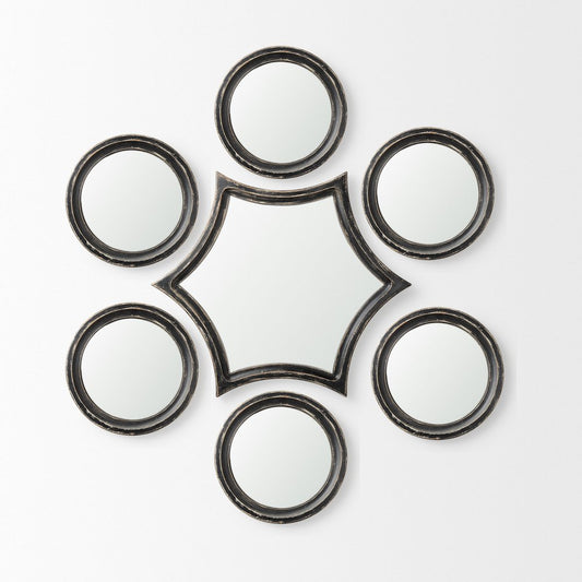 Set of Seven Black Wood Geometric Framed Accent Mirrors