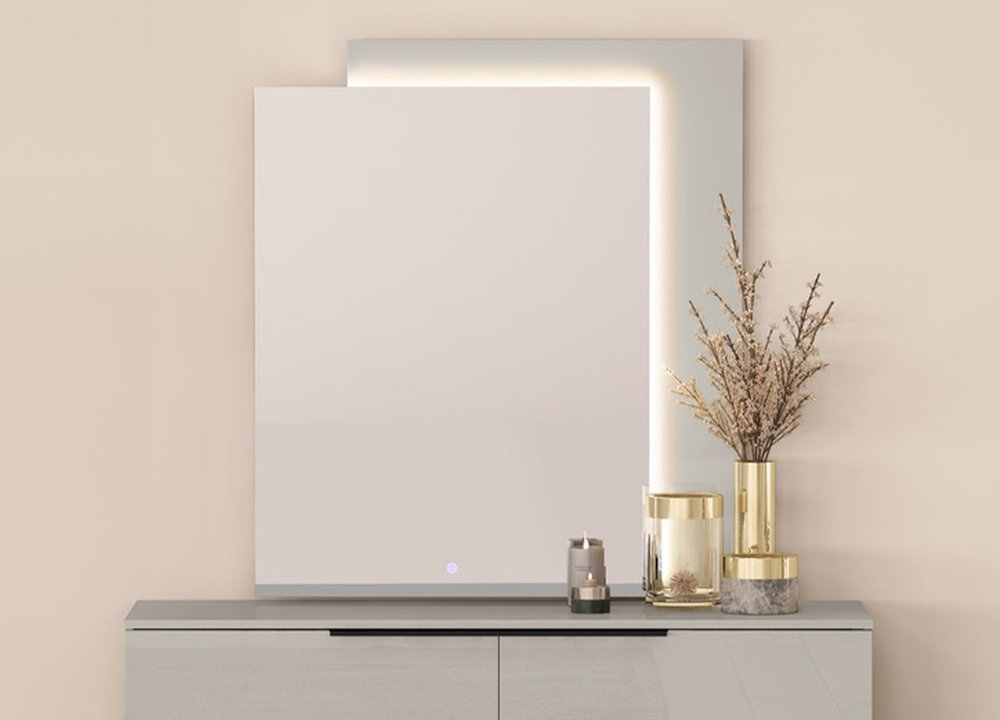 47" X 41" Light Gray Wood Lighted Wall Mounted And Dresser Mount Geometric Framed Dresser Mirror