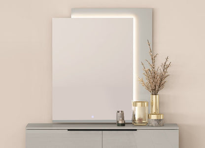 47" X 41" Light Gray Wood Lighted Wall Mounted And Dresser Mount Geometric Framed Dresser Mirror