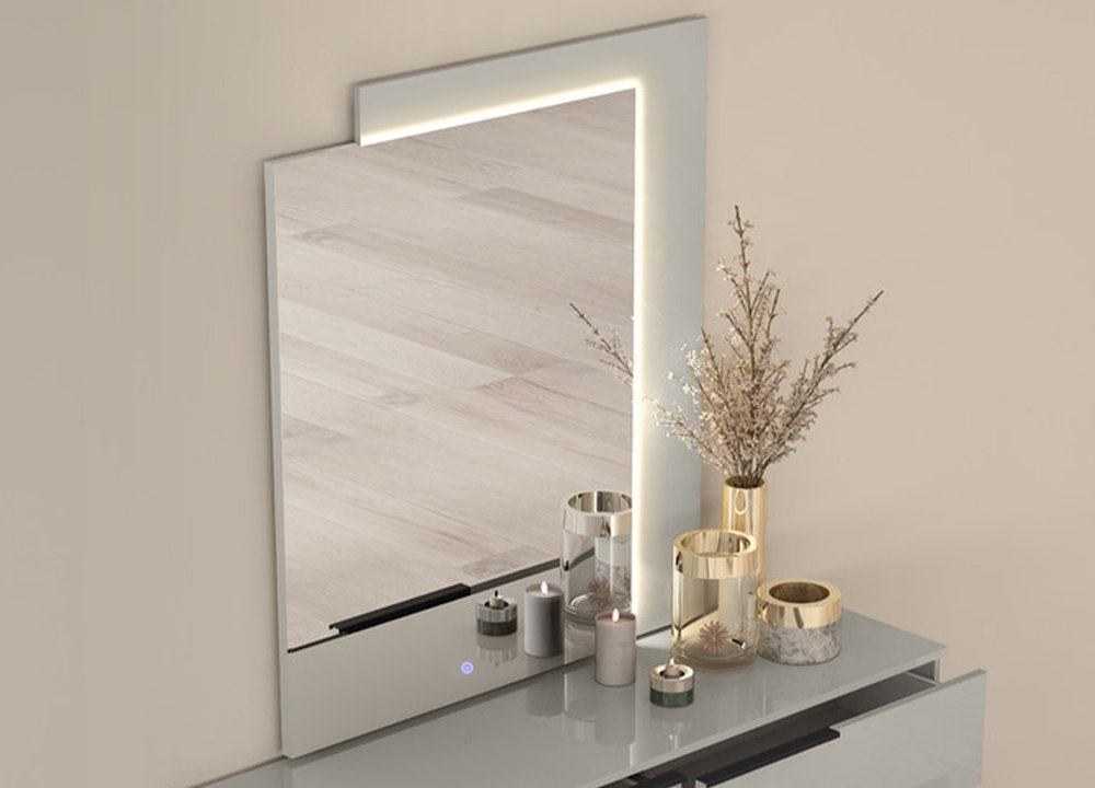 47" X 41" Light Gray Wood Lighted Wall Mounted And Dresser Mount Geometric Framed Dresser Mirror