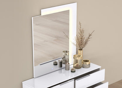 47" X 41" White Wood Lighted Wall Mounted And Dresser Mount Geometric Framed Dresser Mirror