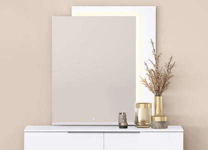 47" X 41" White Wood Lighted Wall Mounted And Dresser Mount Geometric Framed Dresser Mirror