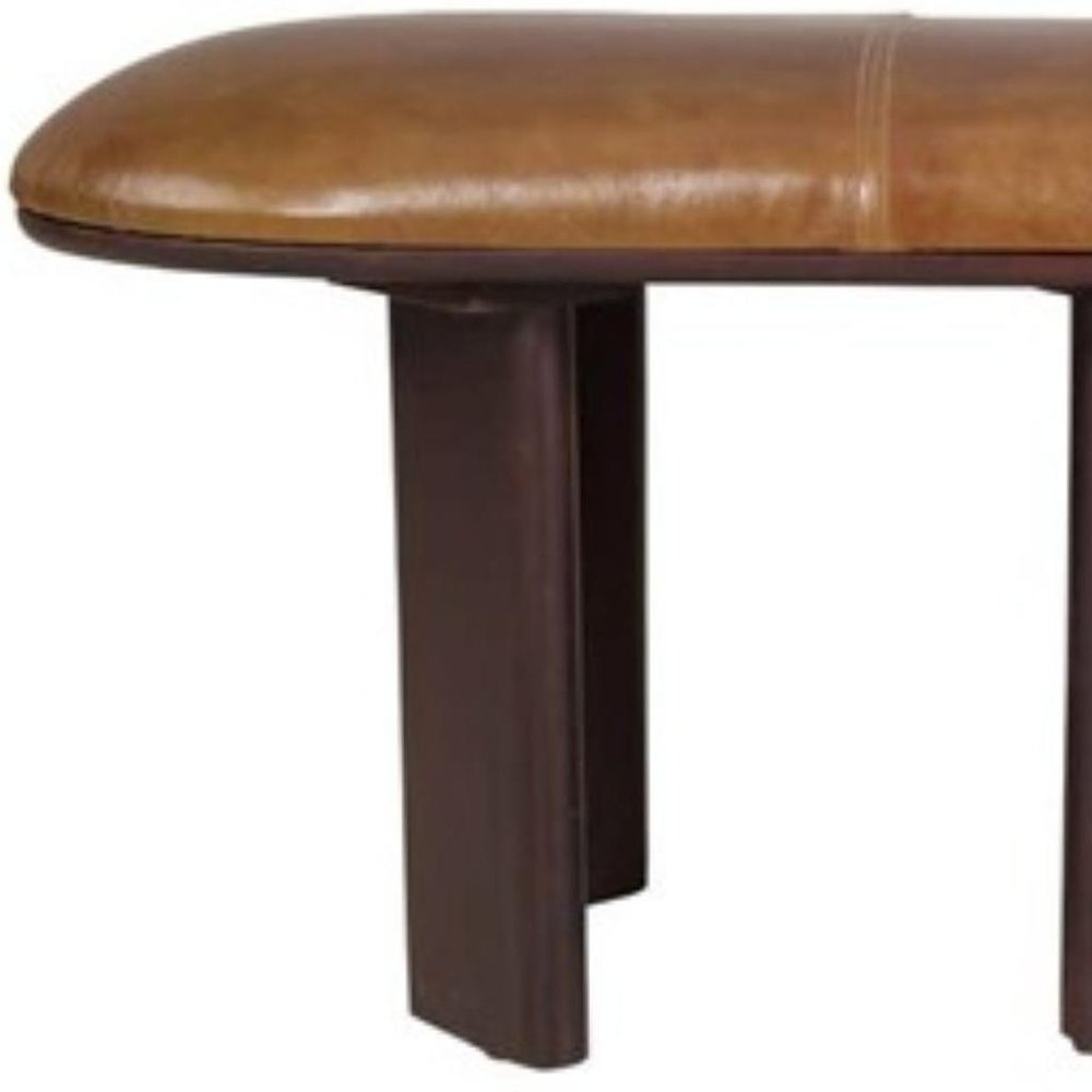 48" Light Brown And Dark Brown Genuine Leather And Solid Wood Upholstered Bench — view 3