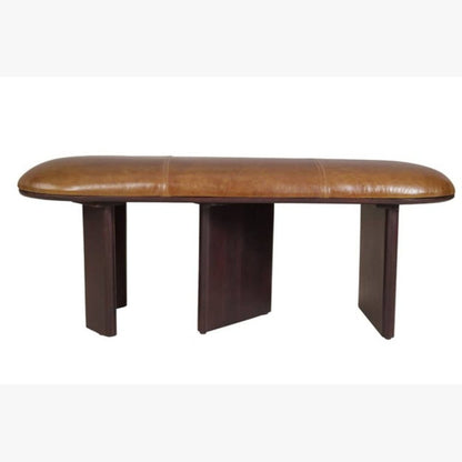 48" Light Brown And Dark Brown Genuine Leather And Solid Wood Upholstered Bench HomeRoots