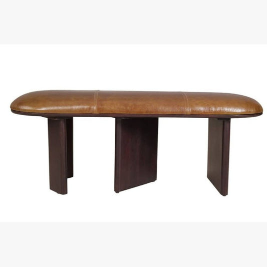 48" Light Brown And Dark Brown Genuine Leather And Solid Wood Upholstered Bench HomeRoots