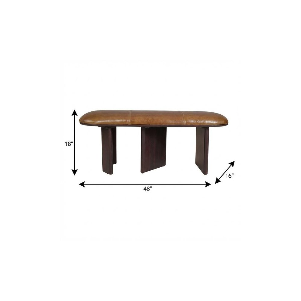 48" Light Brown And Dark Brown Genuine Leather And Solid Wood Upholstered Bench — view 4