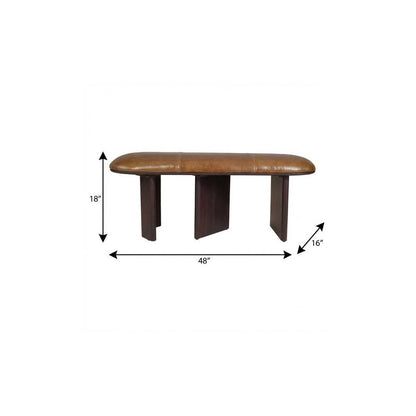 48" Light Brown And Dark Brown Genuine Leather And Solid Wood Upholstered Bench HomeRoots