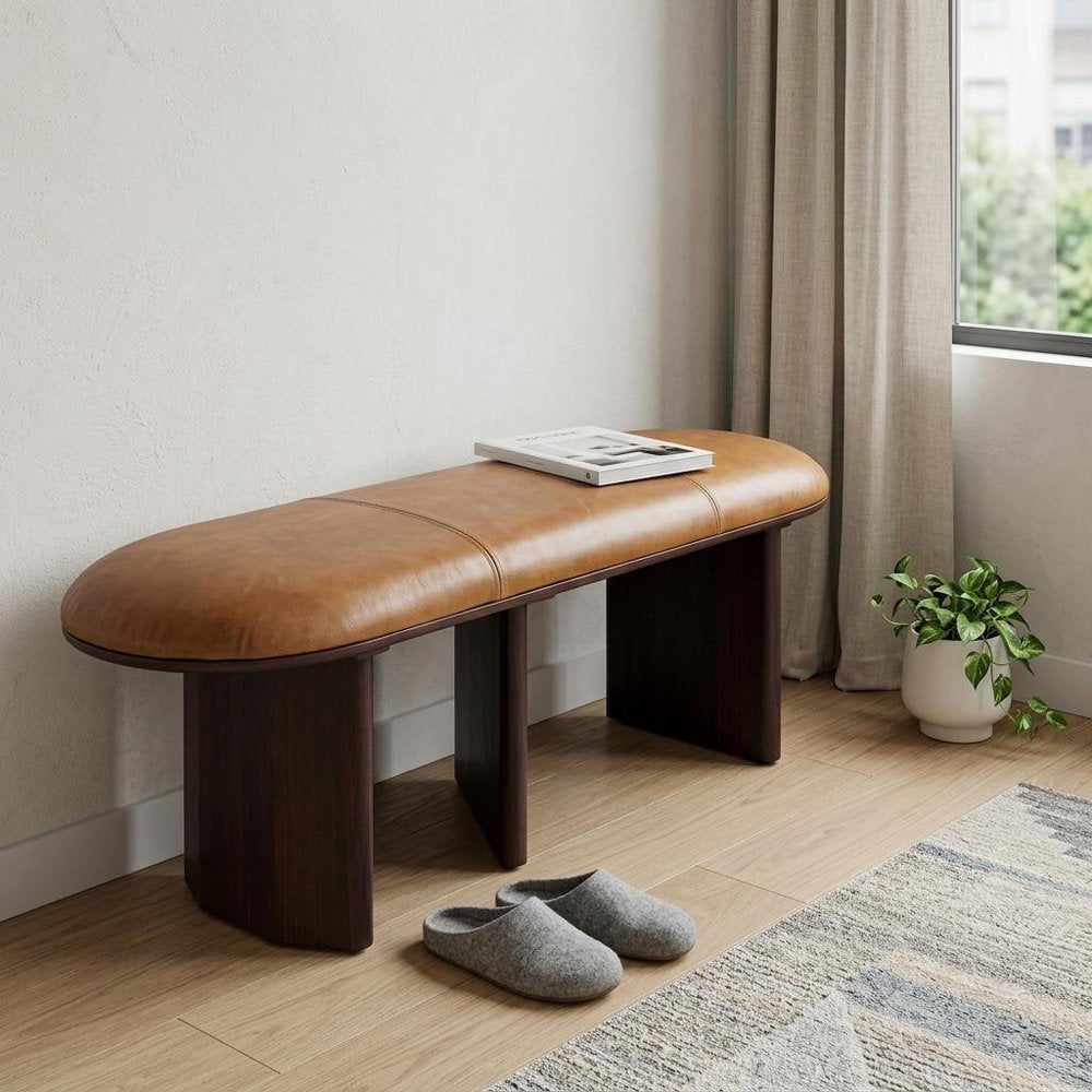 48" Light Brown And Dark Brown Genuine Leather And Solid Wood Upholstered Bench