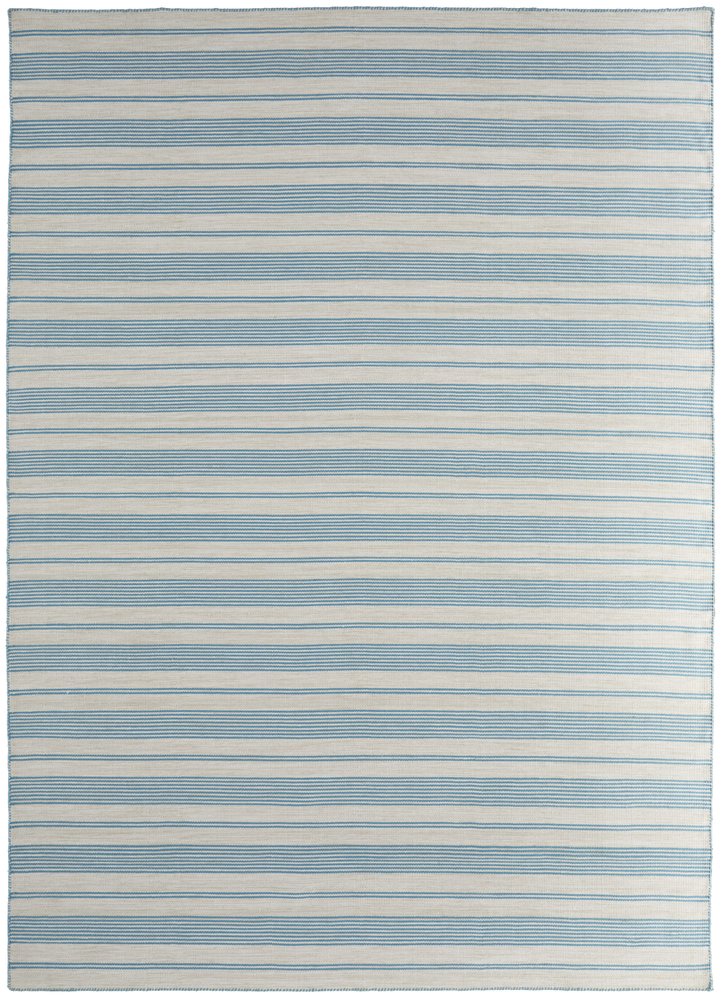 8' X 11' Ivory And Blue Striped Handmade Indoor Outdoor Area Rug