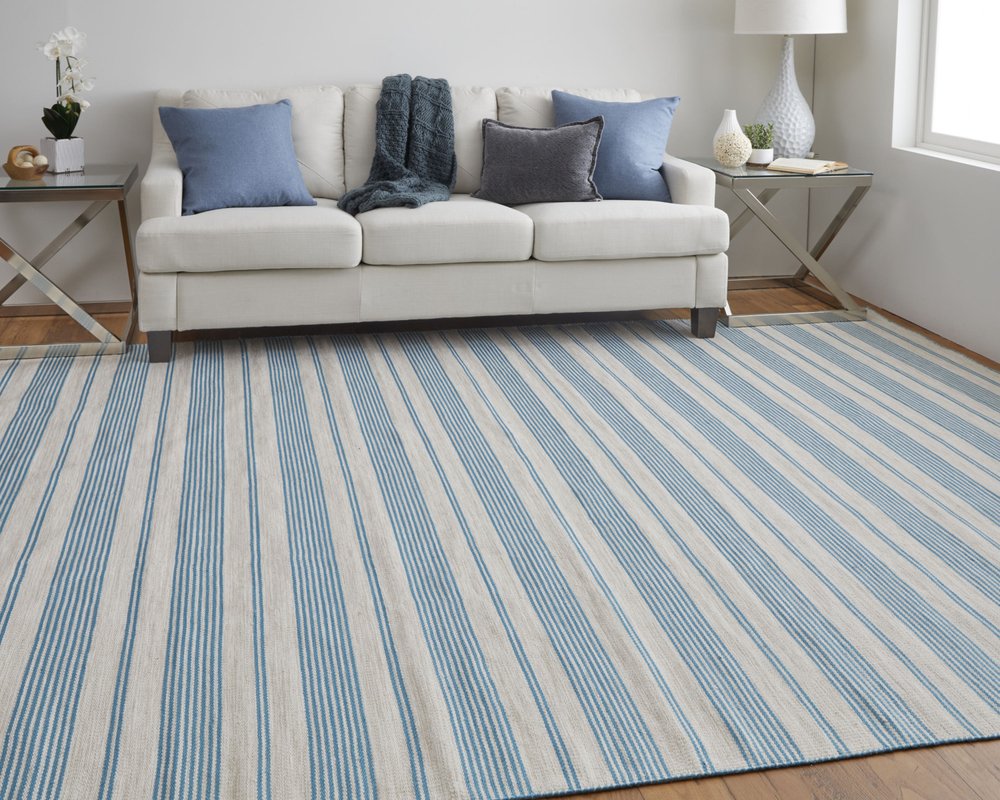 8' X 11' Ivory And Blue Striped Handmade Indoor Outdoor Area Rug