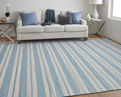 8' X 11' Ivory And Blue Striped Handmade Indoor Outdoor Area Rug