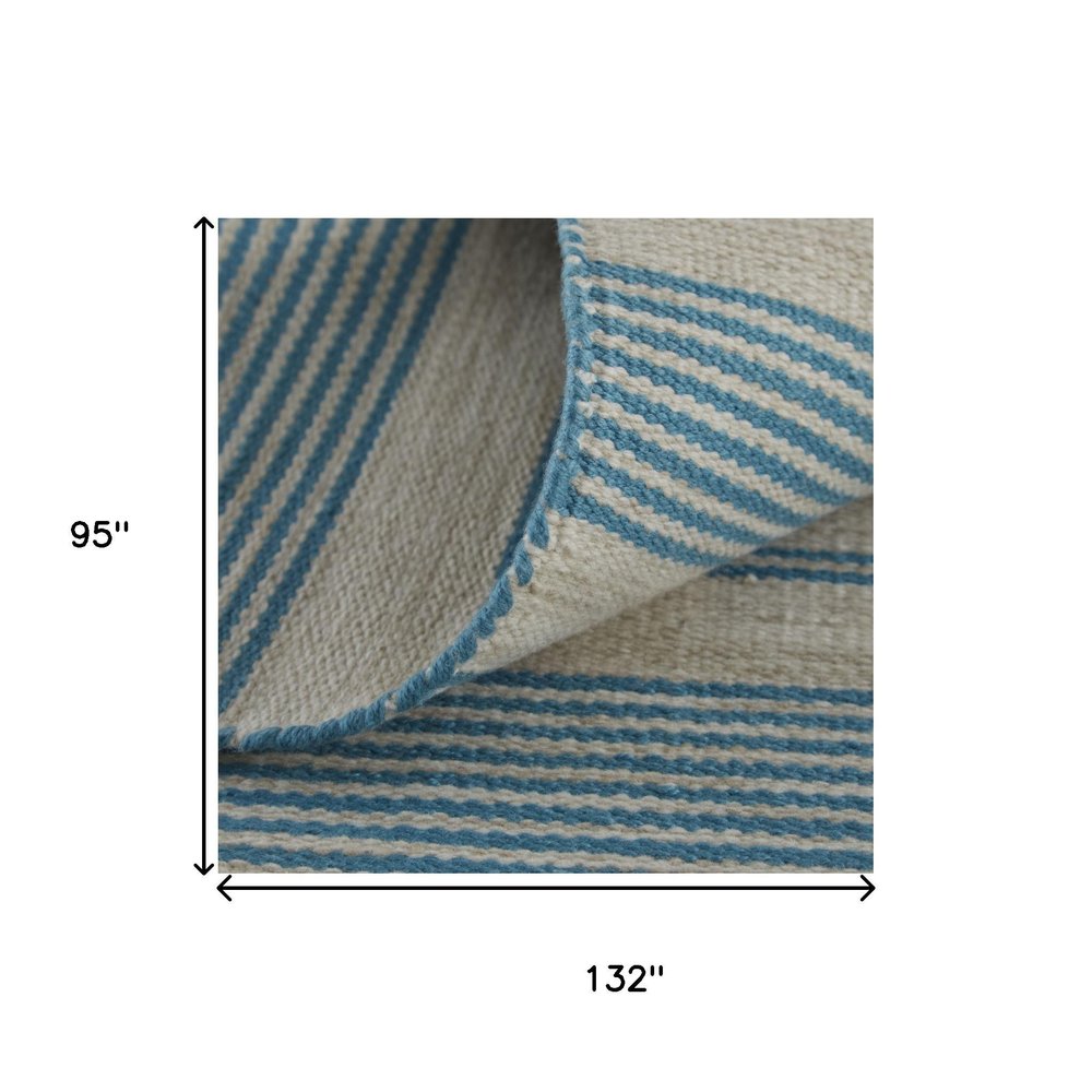 8' X 11' Ivory And Blue Striped Handmade Indoor Outdoor Area Rug