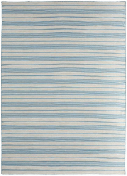 8' X 11' Ivory And Blue Striped Handmade Indoor Outdoor Area Rug