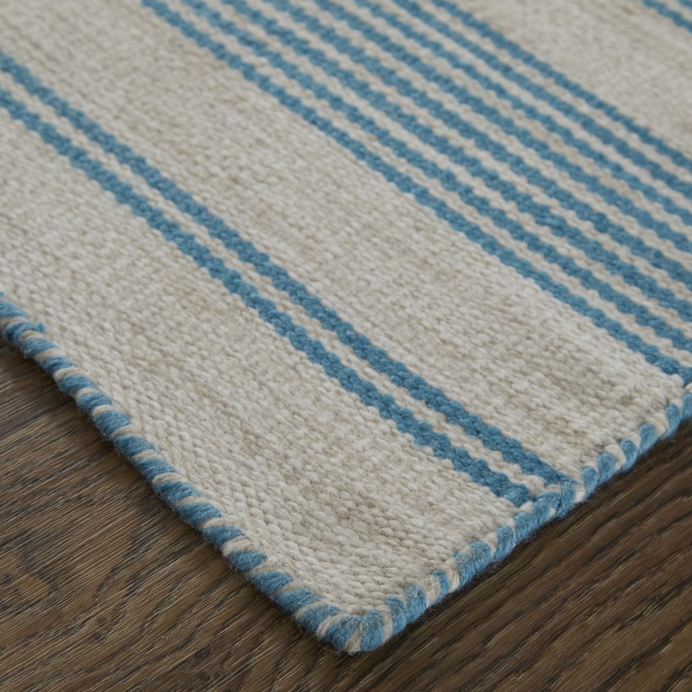 8' X 11' Ivory And Blue Striped Handmade Indoor Outdoor Area Rug