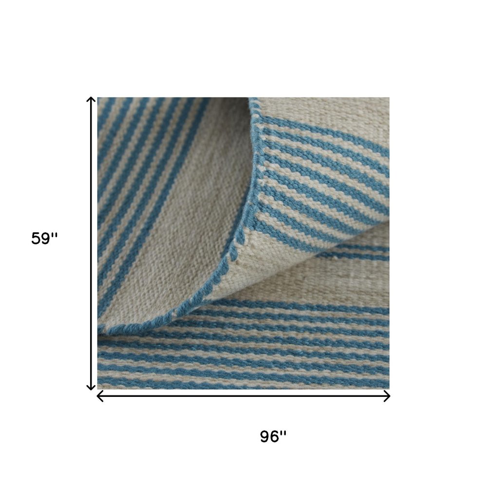 8' X 11' Ivory And Blue Striped Handmade Indoor Outdoor Area Rug