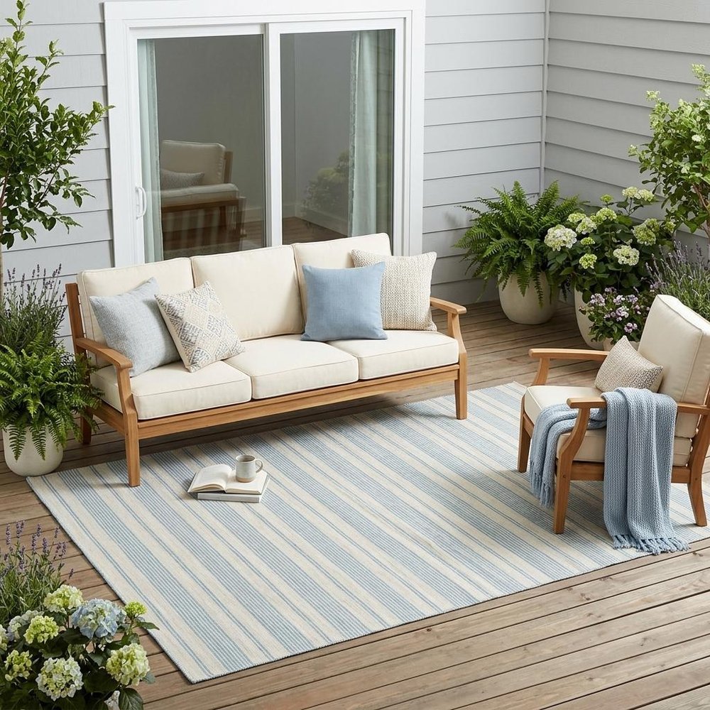 8' X 11' Ivory And Blue Striped Handmade Indoor Outdoor Area Rug