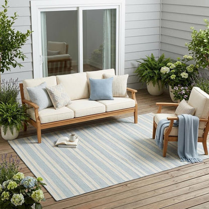 8' X 11' Ivory And Blue Striped Handmade Indoor Outdoor Area Rug