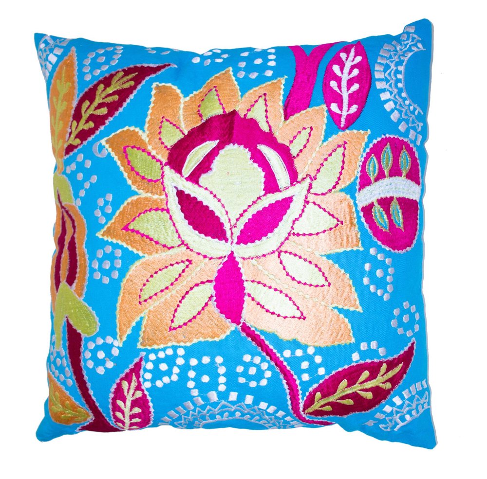 Set of Two 16" Blue And Pink Floral Cotton Throw Pillows with Embroidery — view 1