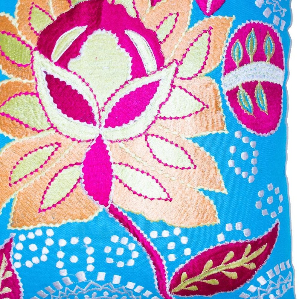 Set of Two 16" Blue And Pink Floral Cotton Throw Pillows with Embroidery — view 2