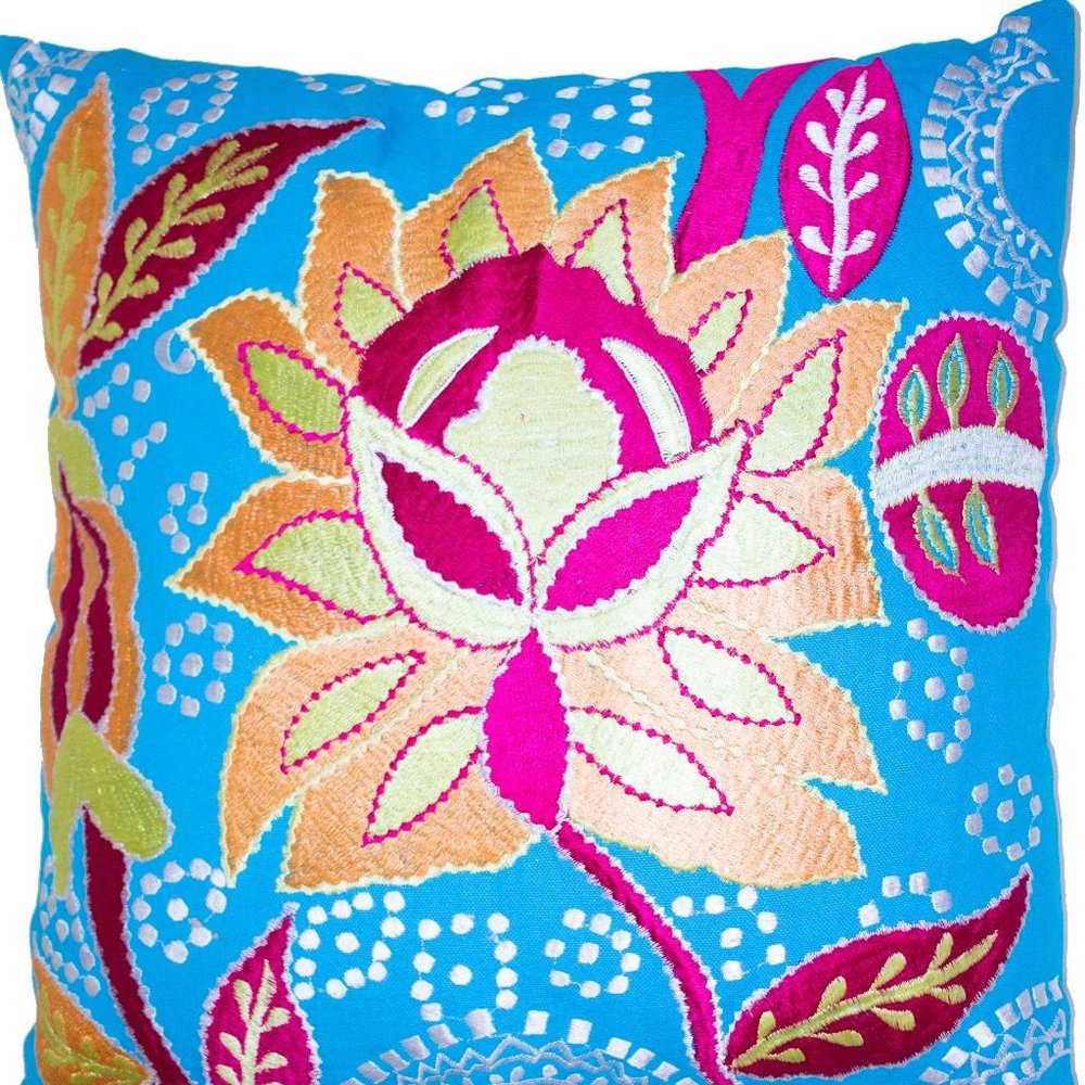 Set of Two 16" Blue And Pink Floral Cotton Throw Pillows with Embroidery — view 3