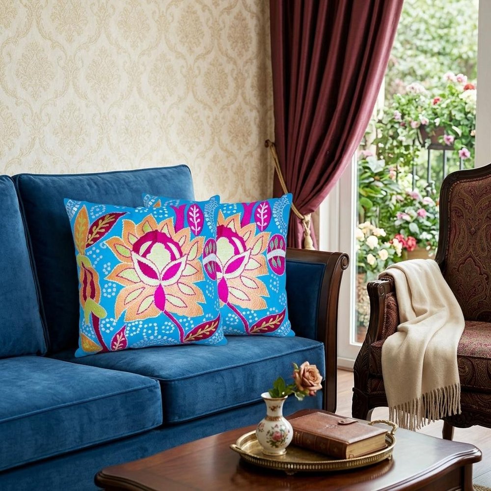 Set of Two 16" Blue And Pink Floral Cotton Throw Pillows with Embroidery — view 5