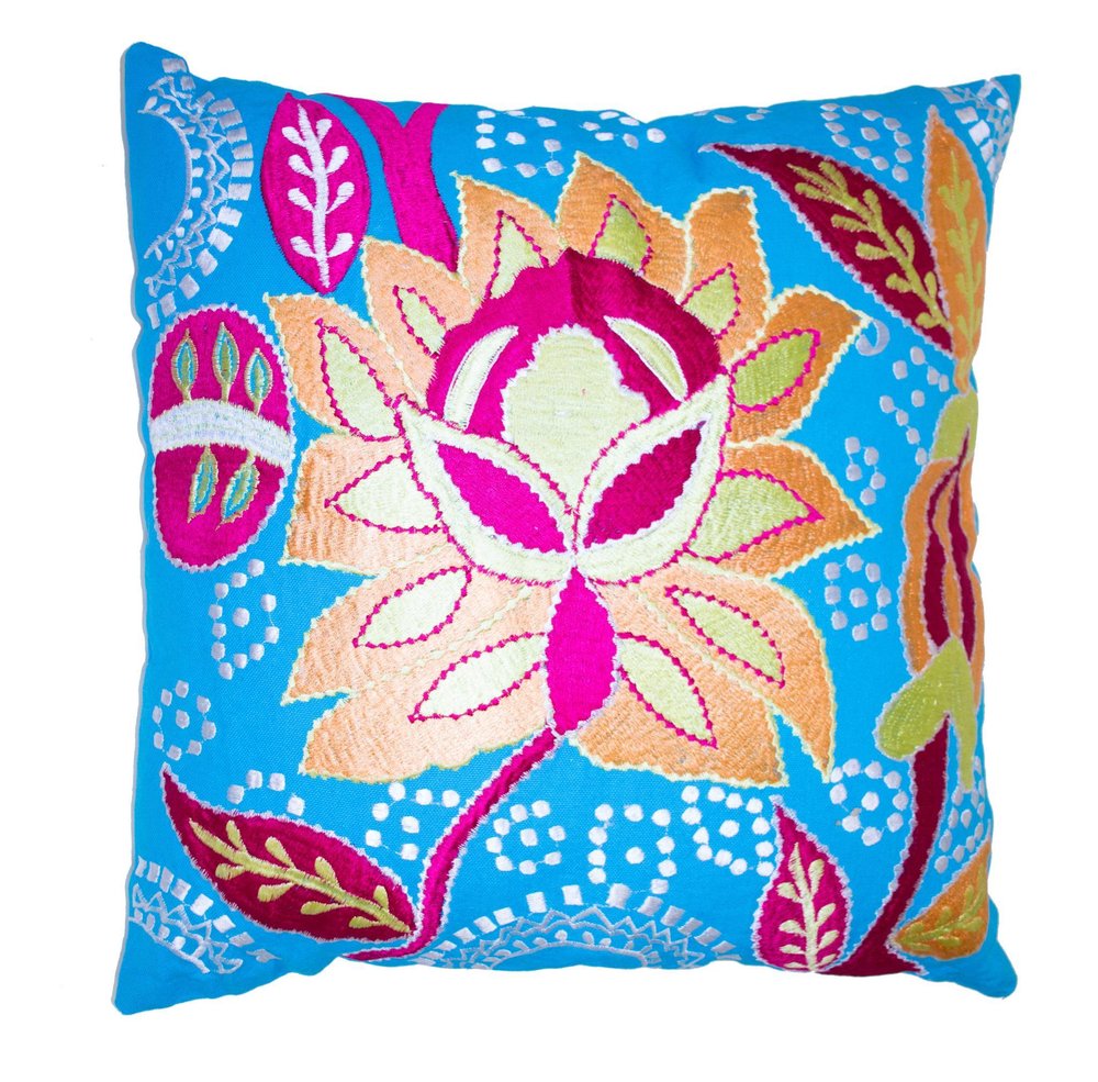 Set of Two 16" Blue And Pink Floral Cotton Throw Pillows with Embroidery