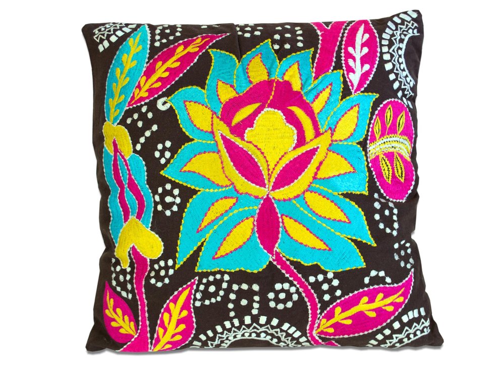 Set of Two 16" Black And Blue Floral Cotton Throw Pillows with Embroidery — view 1