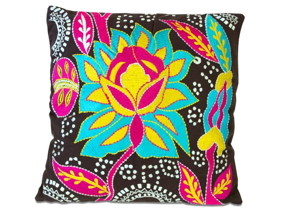 Set of Two 16" Black And Blue Floral Cotton Throw Pillows with Embroidery — view 2