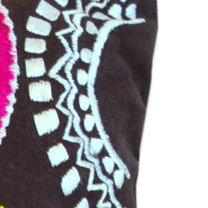 Set of Two 16" Black And Blue Floral Cotton Throw Pillows with Embroidery