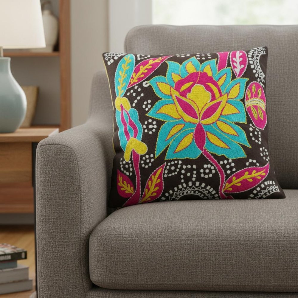 Set of Two 16" Black And Blue Floral Cotton Throw Pillows with Embroidery — view 4