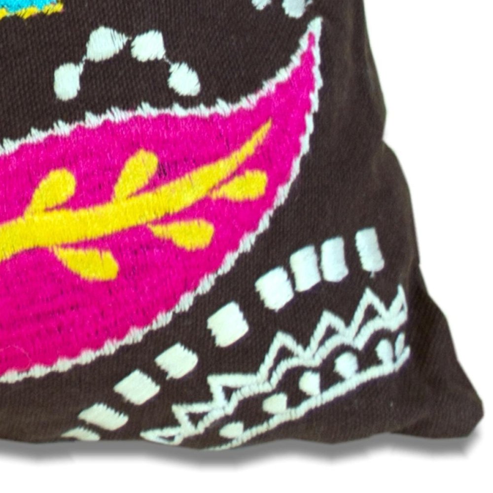 Set of Two 16" Black And Blue Floral Cotton Throw Pillows with Embroidery