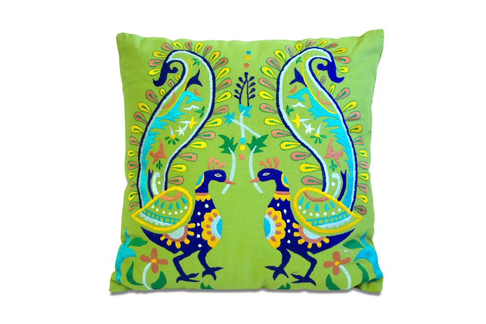 Set of Two 18" Blue And Green Peacock Cotton Throw Pillows with Embroidery — view 1