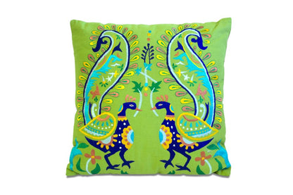 Set of Two 18" Blue And Green Peacock Cotton Throw Pillows with Embroidery